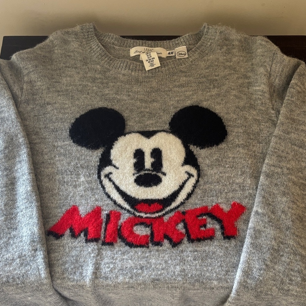 H&M Gray Sweater with Mickey Mouse and Red Accents size XS